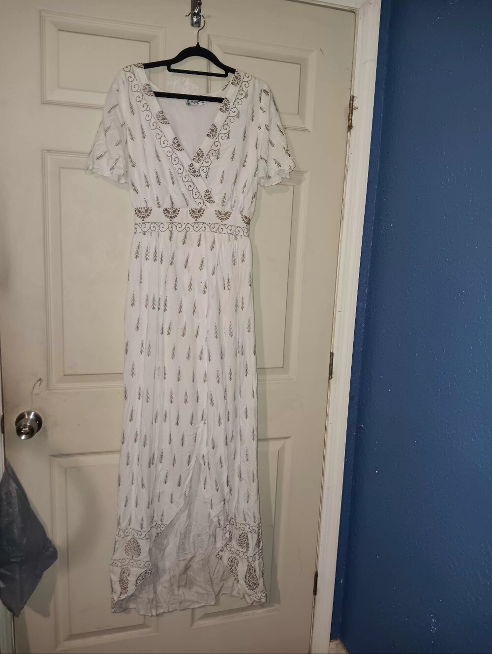 Lagogee Womens Sz M White With Brown Details Maxi Dress Short Sleeve V Neck Boho